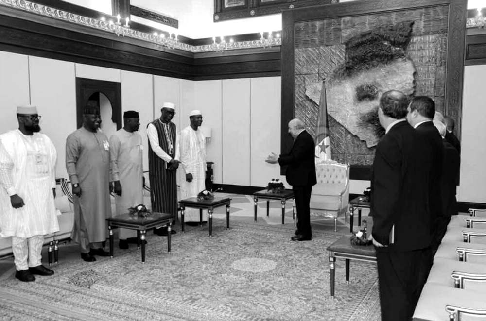 Dans un salon officiel algérien, une délégation ouest-africaine en boubous est reçue debout par le chef de l'État algérien et ses collaborateurs, à l'image des rencontres qui encadrent la commission mixte Mali-Algérie