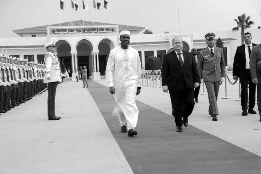 Le chef du gouvernement malien, en boubou blanc, longe une haie d'honneur aux côtés de son hôte lors d'une visite officielle à Alger, dans le contexte du réchauffement annoncé entre Bamako et Alger.