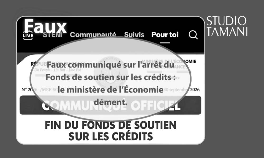 Capture d’écran d’une publication sur les réseaux sociaux présentant un prétendu communiqué officiel annonçant la fin du Fonds de soutien sur les crédits, marquée « Faux » par Studio Tamani.