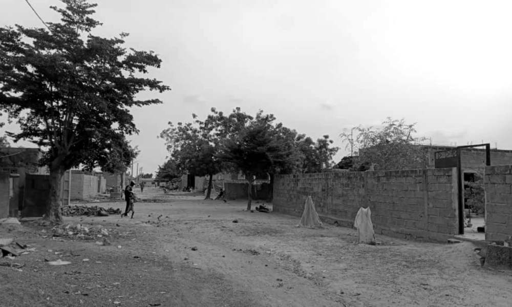 Une rue en terre bordée de murs en parpaings et d'arbres, où passe une femme portant un enfant, dans un quartier en construction.
